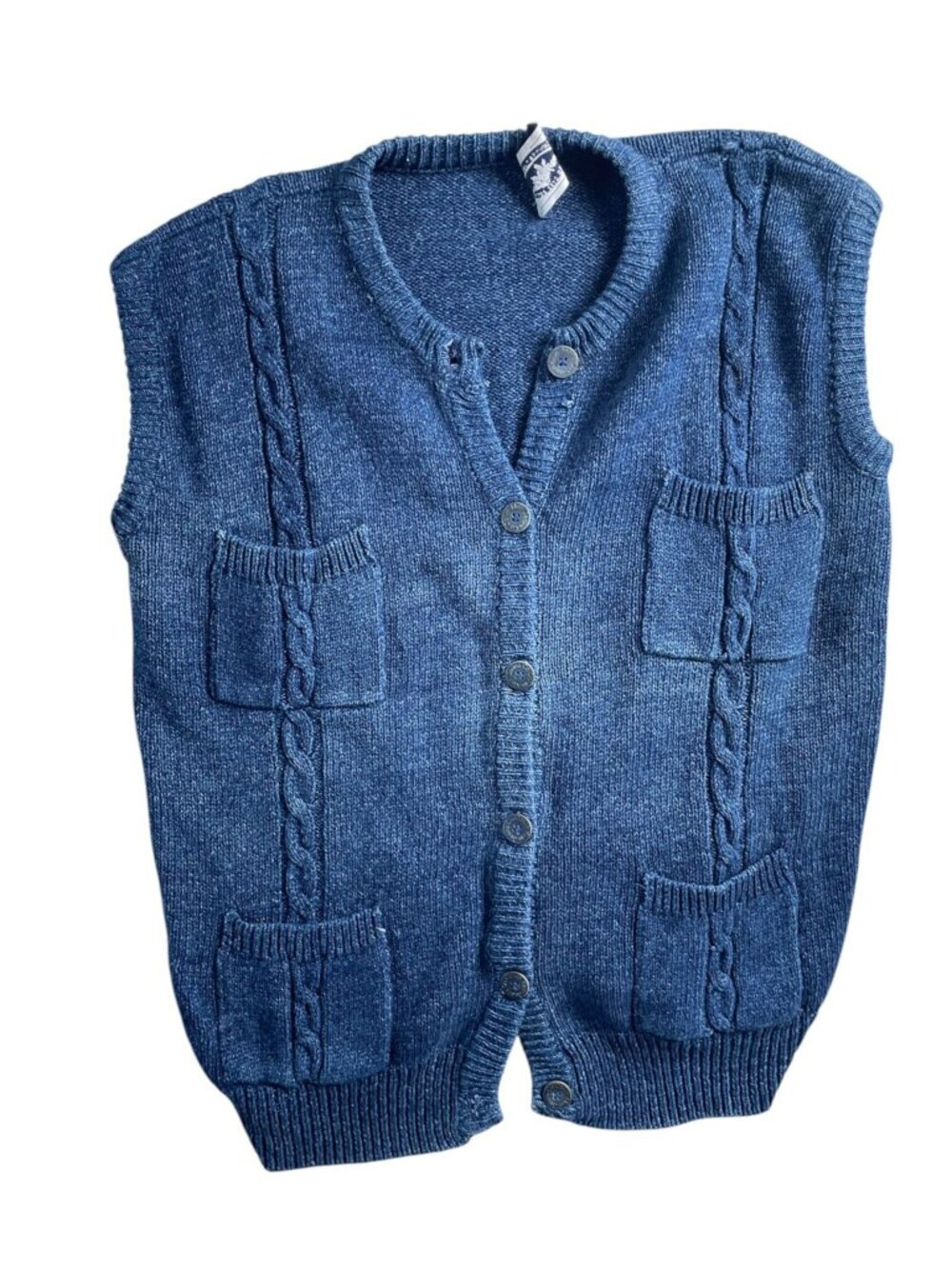Vintage Calvin Klein Blue Knit Cardigan Vest With Cable Knit Detail 100% Cotton